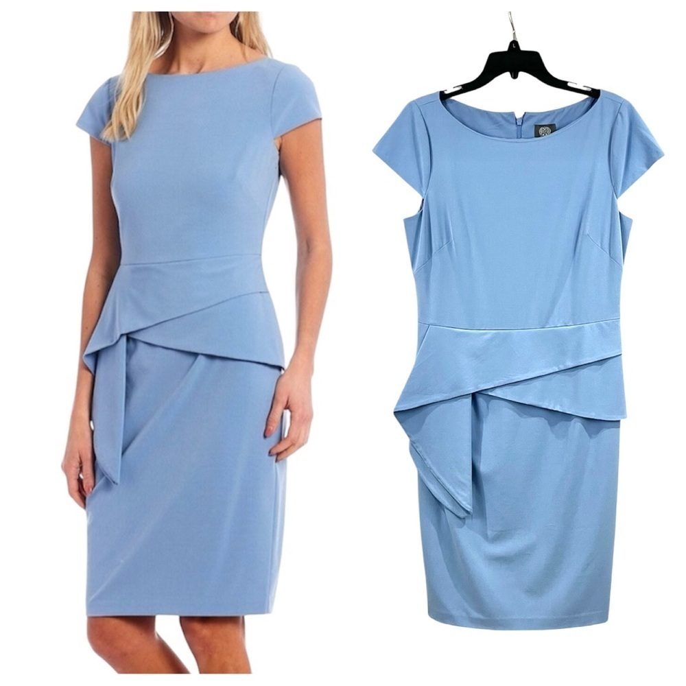 Vince Camuto Periwinkle Blue Cap Sleeve Asymmetrical Peplum Crepe Sheath Dress